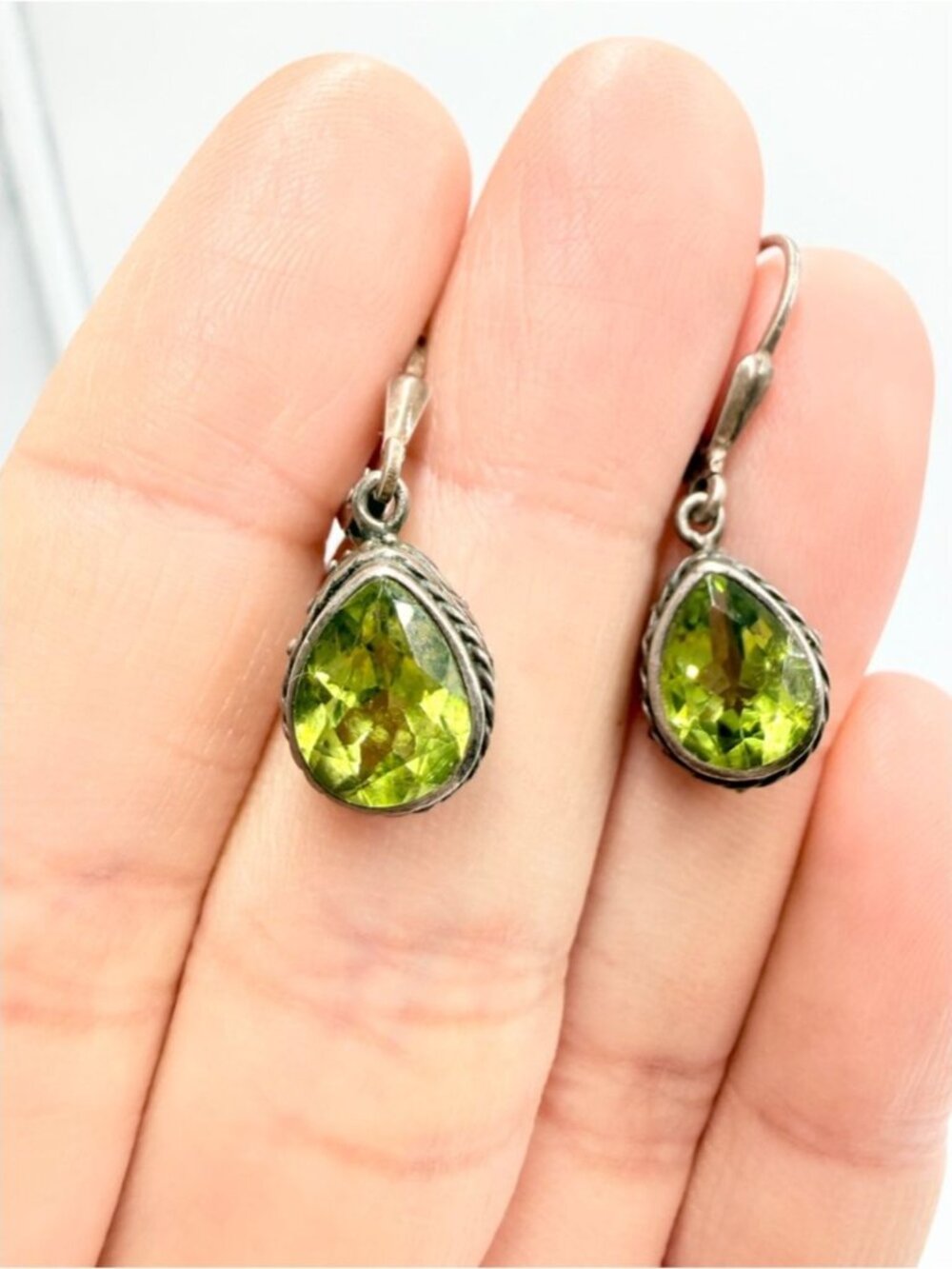 Vintage Green Peridot Teardrop Dangle Earrings